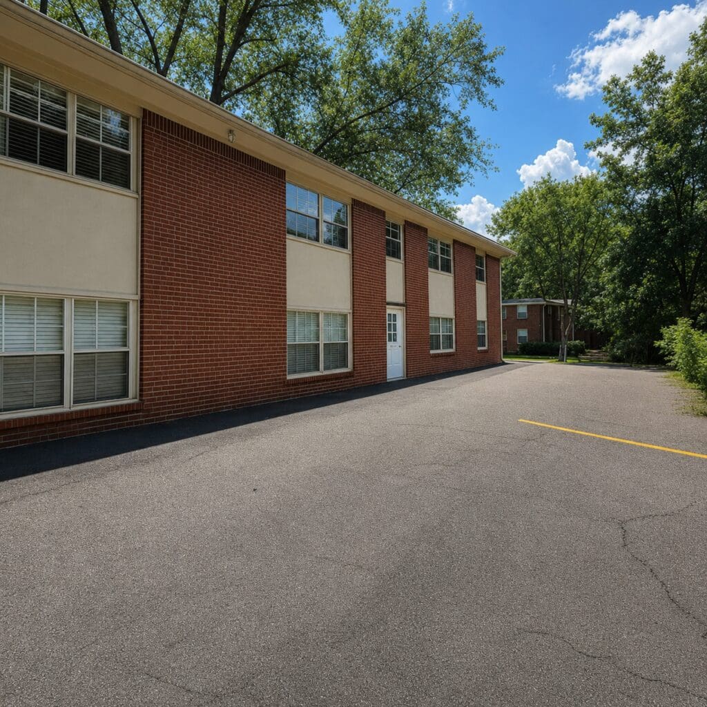 Two-story brick building beside empty parking lot