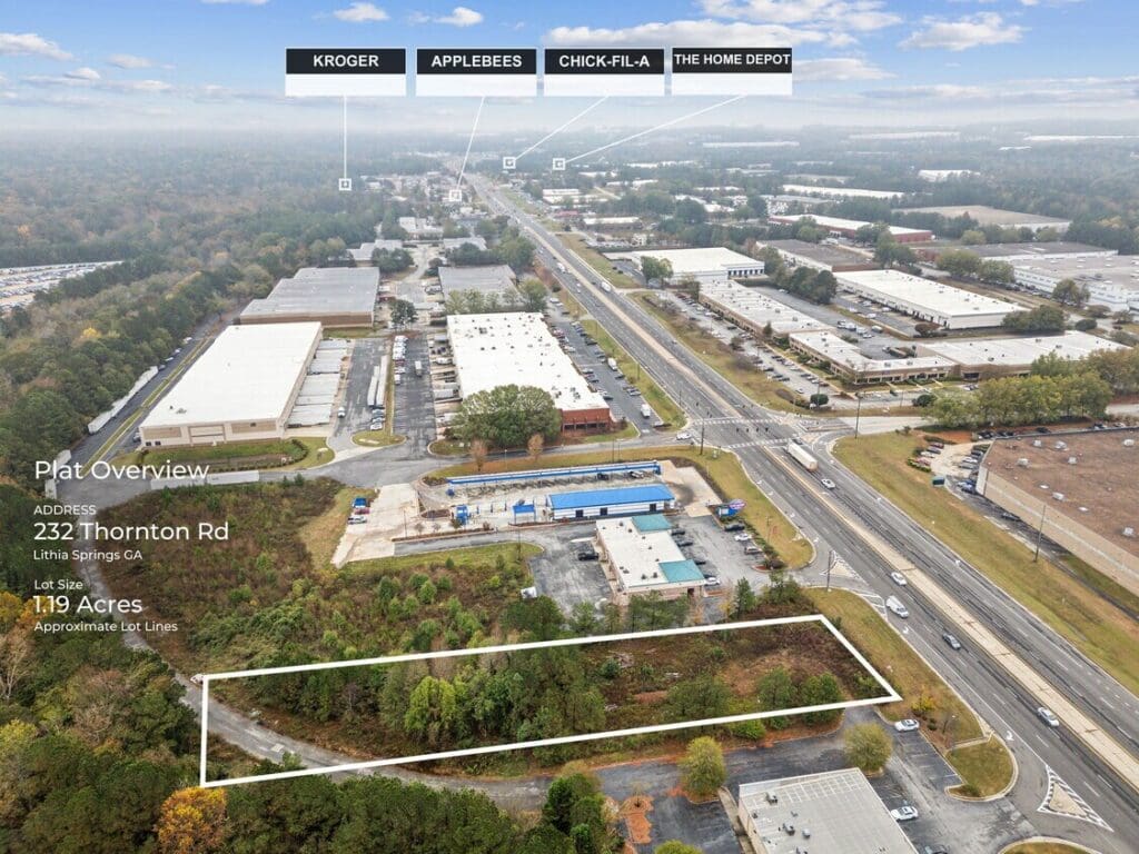 Aerial view of commercial corridor and vacant lot