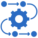 Workflow illustration with gear and arrows