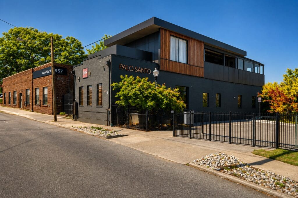 Black-and-wood storefront on quiet corner