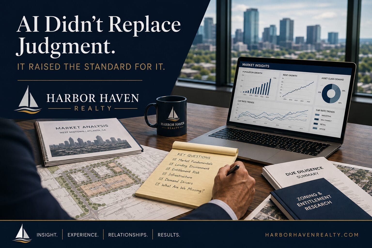 Desk with market reports, laptop, city skyline