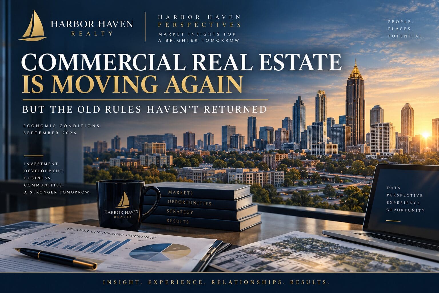 Commercial real estate market outlook featuring the Atlanta skyline and Harbor Haven Realty Perspectives
